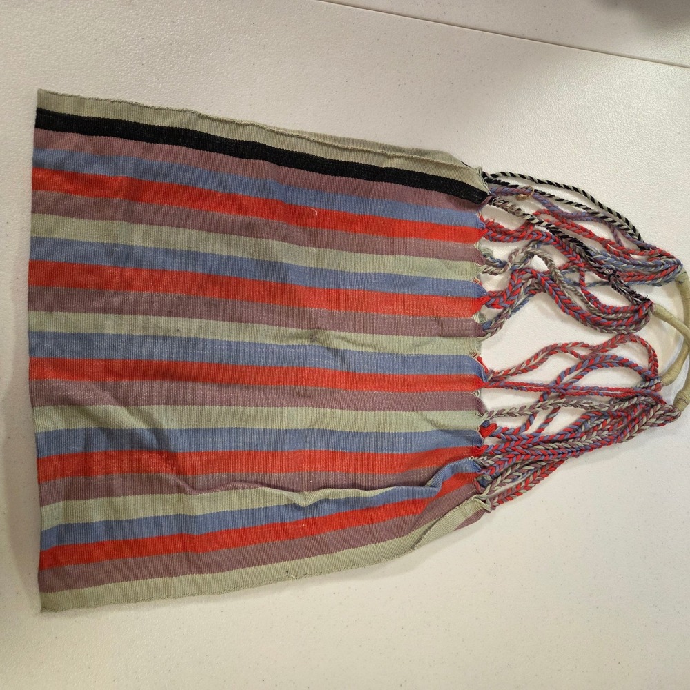 Vintage Handwoven Striped Boho Market Bag Braided Straps Multicolor Tote
